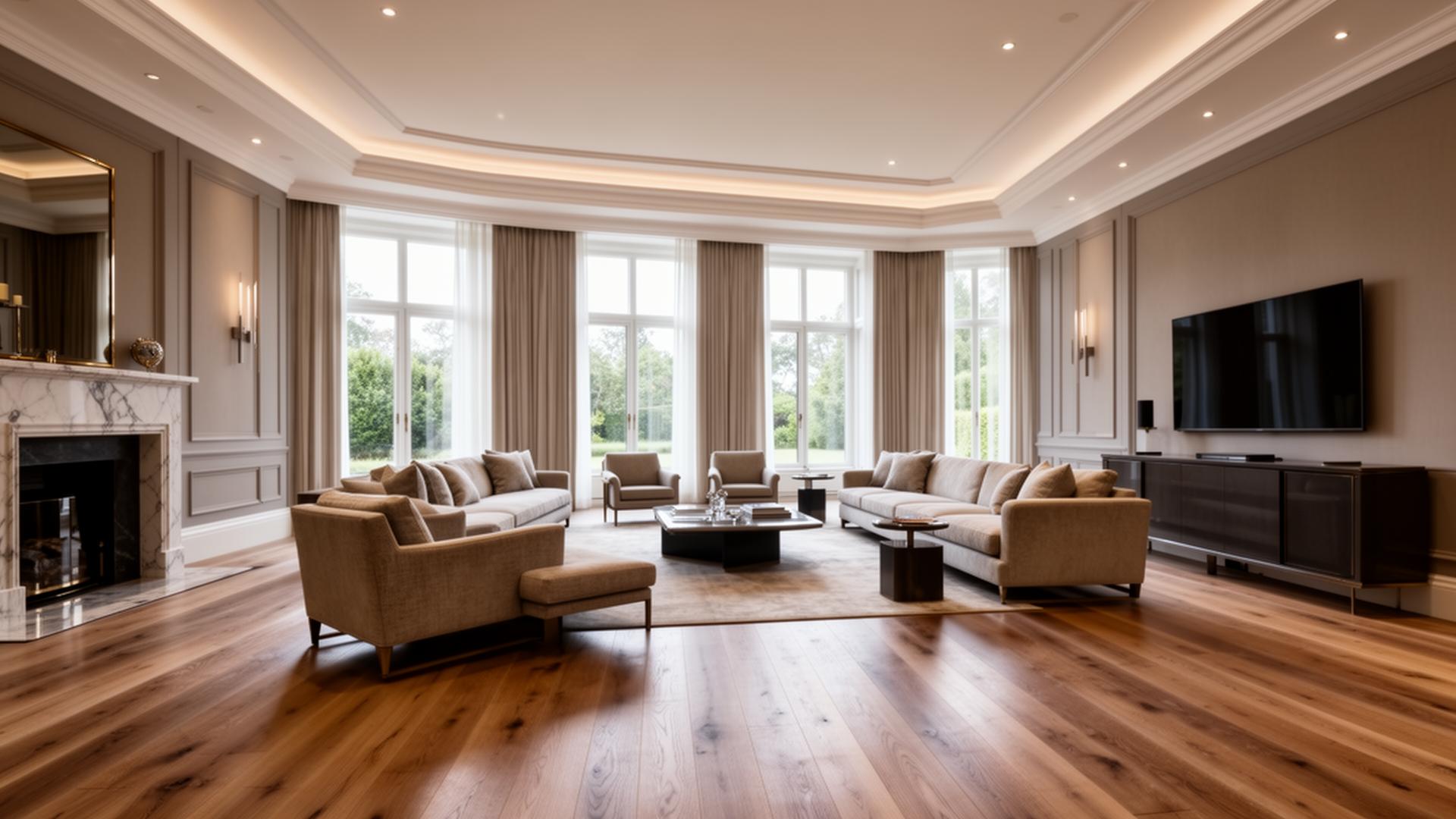 Elegant modern living room with premium hardwood flooring installed by Tech Flooring